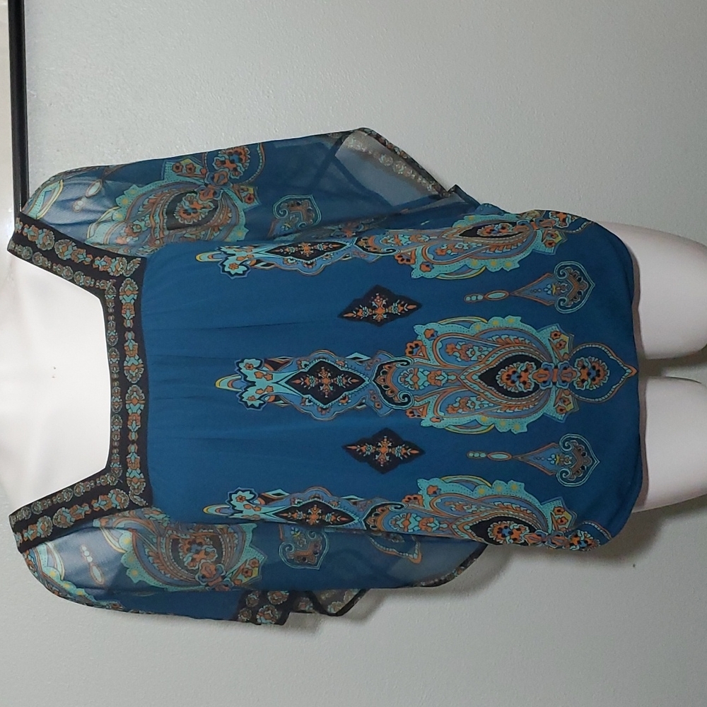 INC International Concepts Teal Paisley Hobo Blouse-Batwing Sleeves-EUC-Sz Small